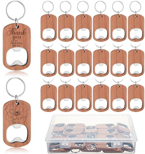 Jingmore 25 Pcs Wooden Bottle Opener Keychain Blanks Wood Laser Engraving Gifts Unfinished Crafts for DIY Employee Appreciation Valentines Wedding Birthday Party Favors(Mahogany Color)