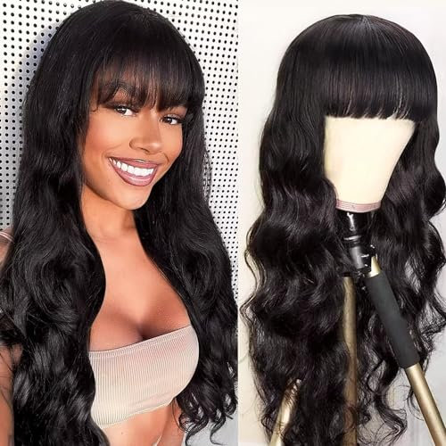 Body Wave Human Hair Wig with Bangs for Women Echthaar Perücke mit Pony für Frauen Wear And Go Glueless Wig Human Hair Echthaar Perücke Schwarz Mit Pony 150% Dichte 18 Zoll