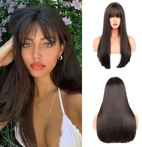 Fulang Hair Lang Braun Glattes Haar Perücke für Frauen, Perücke Damen Dunkelbraun, Natürliche Synthetische Haar Perücke mit Bangs (Dunkelbraun)