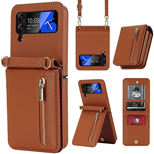 ZHOZEXIN Étui de protection à rabat élégant en cuir pour Samsung Galaxy Z Flip 4 avec fermeture éclair, compartiment pour cartes, compartiment pour argent, poche pour téléphone portable avec cordon