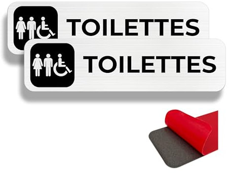 FloraVigo Panneau de toilette, 2 plaque toilette, 19×5 cm, intérieur/extérieur, panneau en aluminium, avec autocollant adhési, plaque de porte (Toilettes mixtes)