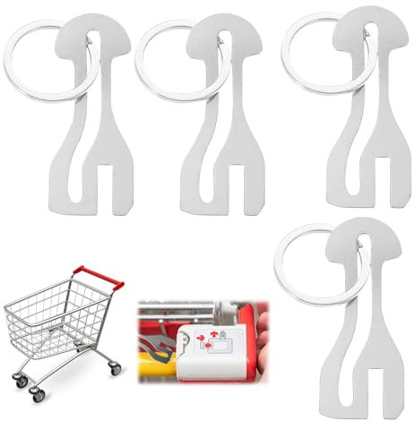 4 Stück Einkaufswagenlöser mit Schlüsselring, Abziehbarer, Edelstahl mit Schlüsselring, für Alle Einkaufswagen