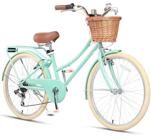 Glerc Missy 24“ Zoll Mädchen Cruiser Kinder Fahrrad 6-Gang Teen Hybrid City Fahrrad für Jugendliche im Alter von 12 13 14 15 16 Jahren mit Weidenkorb & Leichtgewicht, Mintgrün