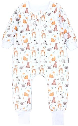 TupTam Baby Schlafsack mit Füßen und Ärmeln – Ganzjahres Schlafsack Baby 2.5 TOG, OEKO-TEX zertifiziert, Farbe: SHU01 Wald Tiere Eule Reh Igel Fuchs Beige Braun, Größe: 116-122