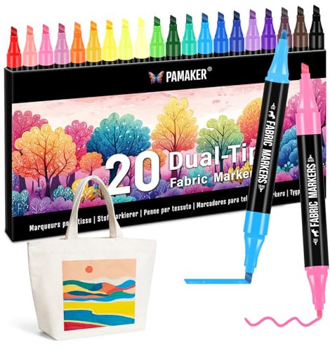 Lot de 20 stylos textiles Dual Tip - Lavables en machine et permanents pour t-shirts, sacs en tissu, chaussures et plus encore - Non toxiques, idéaux pour les enfants et les adultes