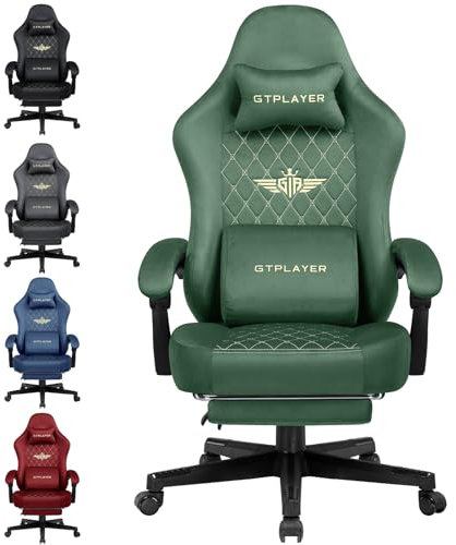GTPLAYER Fabric Gaming Chair, Ergonomic Computer Chair with Footrest and Lumbar Support Height Adjustable Home Office Chair with 360°-Swivel Seat and Headrest (Green)