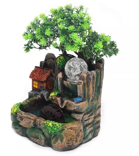 Zimmerbrunnen mit LED Beleuchtung Desktop Brunnen Zerstäuber Tischbrunnen mit Zerstäuber Kugel und Künstlicher Baum, Wasserspiel Desktop Wasserfall für Büro Café Dekoration