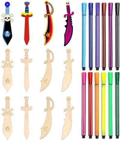 SHUOHONG 12 Stück Piratensäbel Holzschwert Kinder, Holz Basteln Kinder zum Basteln und Bemalen, Bastelbedarf, Halloween Karnevalsgeschenke für Jungen und Mädchen, Kindergeburtstag