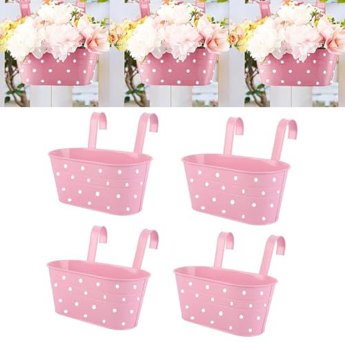 Zinaroty 4 pcs Metal Iron Railing Hanging Planter with Drainage Hole Plant Hanging Bucket with Removable Double Hooks Oval Planter for Garden Balcony Decoration (Pink)