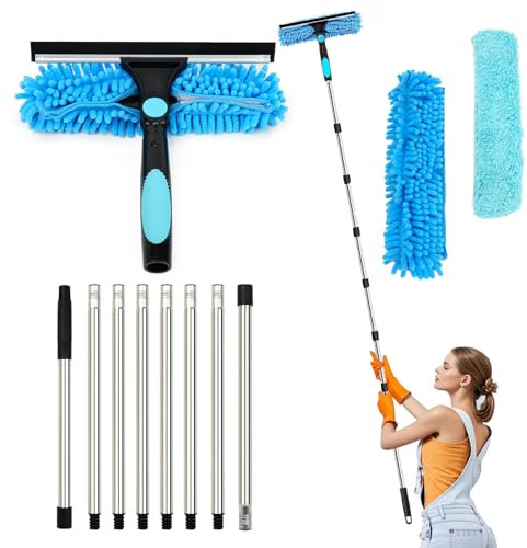 Lapluied 4M/157 Long Reach Window Cleaning Equipment, 3 in 1 Telescopic Window Cleaner, 270° Rotating Squeegee Window Cleaning Kit with 10 Extendable Pole for Indoor/Outdoor High Window, Blue