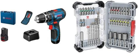 Bosch Professional 12V System Akku Schlagbohrschrauber GSB 12V-15 (inkl. 2x 2.0Ah Akku, Ladegerät, WerkzeugHandwerkoffer) + 35x Extra Hard Schrauberbit‑ und CYL-3 Bohrer-Set (197 x 110,5 mm)