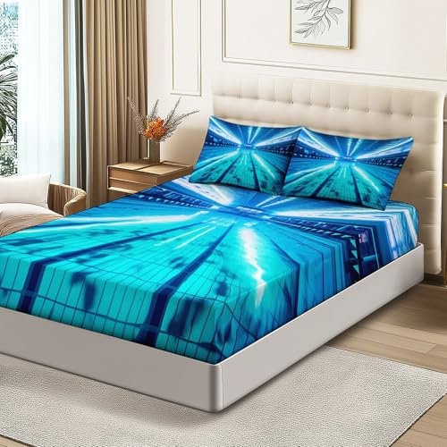 sábana Ajustable Azul Plata Suave Cómoda Moderno Piscina Luz Y Sombra Estampado, 3 Piezas Juego de Cama para niñas y niños, para Cama Individual y Matrimonial 150 x 200 cm