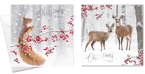 Sixstore Weihnachtskarten 20 Stück Jede Weihnachtskarte Multipack hat 2 verschiedene Designs Rentier und Eichhörnchen mit Beeren. Umweltfreundlich, recycelbar, mit Umschlägen