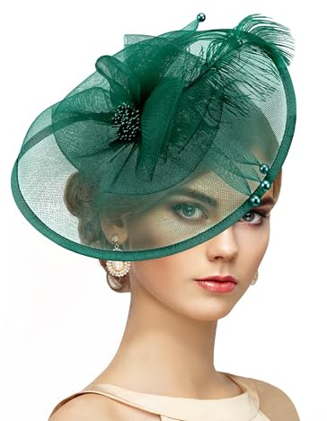 ETOFETE Women Fascinator Hat Flower Feather Wedding Fascinators Headband Bridal Headwear Top Hat with Hair Clips for Race Derby Ascot Dark Green