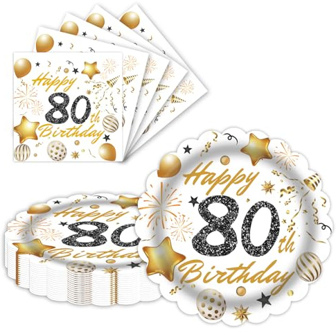 LDFDRT 9 Inch 80th Birthday Party Plates and Napkins 40PCS White and Gold Happy Birthday Plates and Napkins Disposable Cake Dessert Tableware Set for 20 Guests