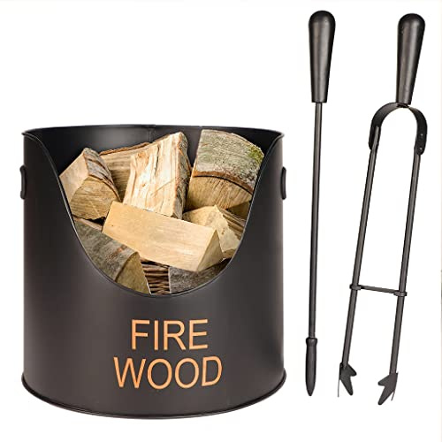 Fireside Kindling Log Bucket with Tools Firewood Log Basket with Tools | Fireside Tongs, Poker, Recycled Metal, Cast Iron, Log Basket, Firewood Basket, Log Cradle