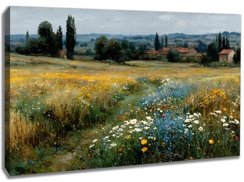 Kunstbruder Kunstdruck 30x40 cm Dorfstraße voller Blumen – Gelb Weiß Blau Rot – Leinwanddruck, Hochwertige Wanddeko, Moderne Kunst für Zuhause