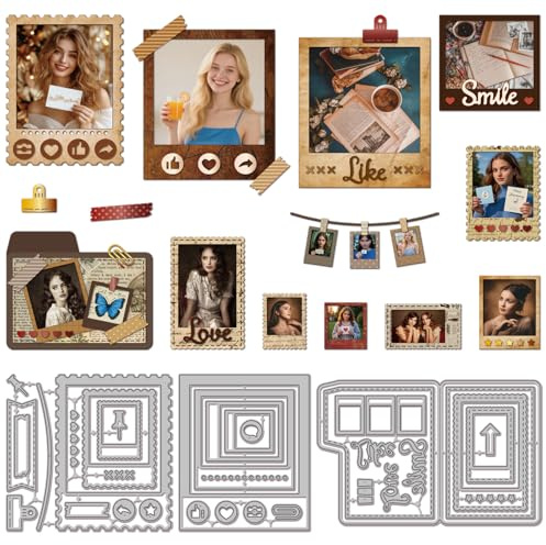 GLOBLELAND Vintage Polaroid Metall Stanzschablone Fotorahmen Papierpräge Stanzschablonen Set Retro Aktenordner Stanzformen für Kartenherstellung DIY Papier Scrapbooking Handgefertigtes Fotoalbum
