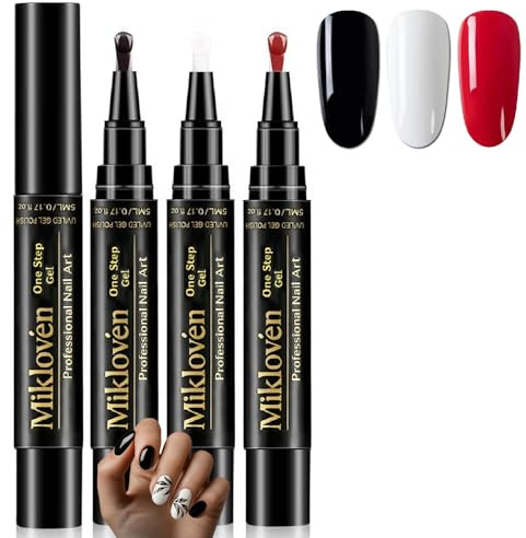Gel Nail Polish Pens, 3-Colour Black, White And Red Twist Applicator Set | Integrated Brush, No Base Coat Needed, Glossy Finish, For Home Manicures, French Tips And Minimal Nail Art, UV Lamp Required