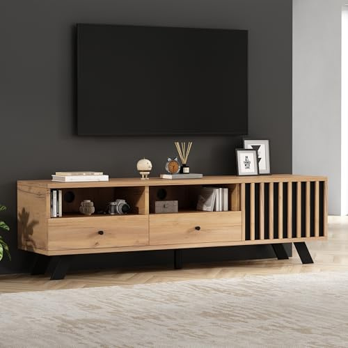 REXO Mueble Para TV De 150 X 38 X 44 Cm, Pequeño Soporte Para TV, Armario Con 2 Cajones, Adecuado Para Televisores De 60 Pulgadas, Armario Bajo En Color Madera