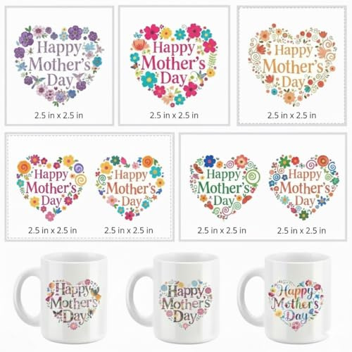 SHARRLA UV DTF Cup Wraps Transfer Stickers, Happy Mother's Day Floral Heart Design, 2.5x2.5 Inch, Waterproof Decals for Mugs, Water Bottles, Laptops