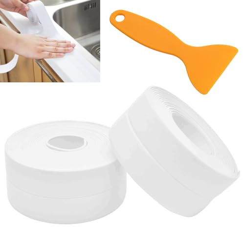 Zerquell 2 Rotoli Nastro Sigillante Autoadesivo, 3,2 m x 2,2 cm, Battiscopa in PVC Morbido, Striscia di Tenuta Impermeabile con Strumento di Tenuta, per Cucina, Bagno, Toilette, Soffitto (Bianco)