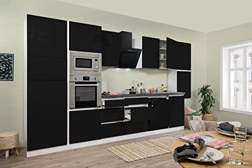 respekta Küche Küchenzeile Küchenblock grifflos Weiß Schwarz Lorena 395 cm