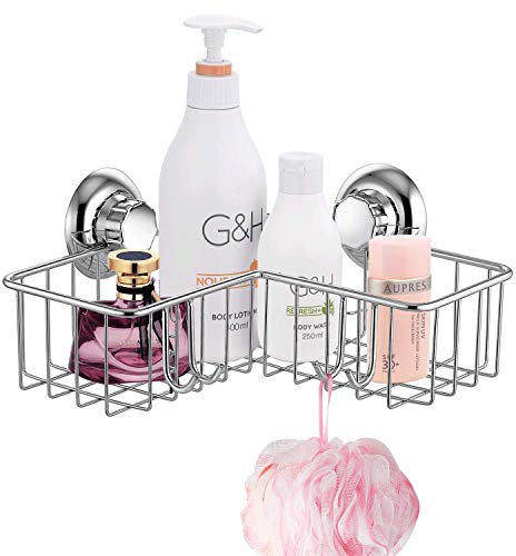 MaxHold Panier de Douche Profond - Ventouse Système de vide - Etagère d’Angle de Douche avec 4 Crochets - Acier Inoxydable Ne Rouille Jamais - Étagère de Rangement pour Salle de Bain et Cuisine