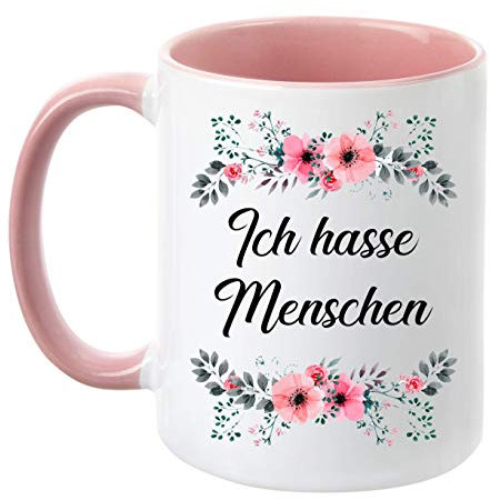 TassenTicker - ''Ich Hasse Menschen'' - beidseitig Bedruckt - Tasse - Kaffeetasse - Kaffeebecher - lustig - Geschenk - Arbeit (Rosa)