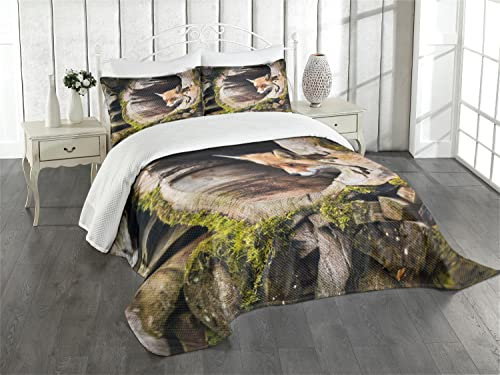 ABAKUHAUS Tier Tagesdecke Set, Natur Wilder Fox Forest, Set mit Kissenbezügen Sommerdecke, für Doppelbetten 220 x 220 cm, Mehrfarbig