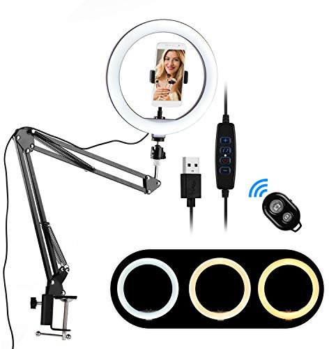 Ring Light Table Mount, Docooler 10inch Dimmable Streaming Selfie Ring Light With Boom Stand and Phone Holder Remote for TikTok Youtube Vlogging Video Photo Makeup Streaming Equipment