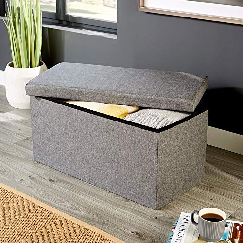 Home Source Large Folding Ottoman Linen Fabric Storage Chest, Charcoal Grey, Rectangle