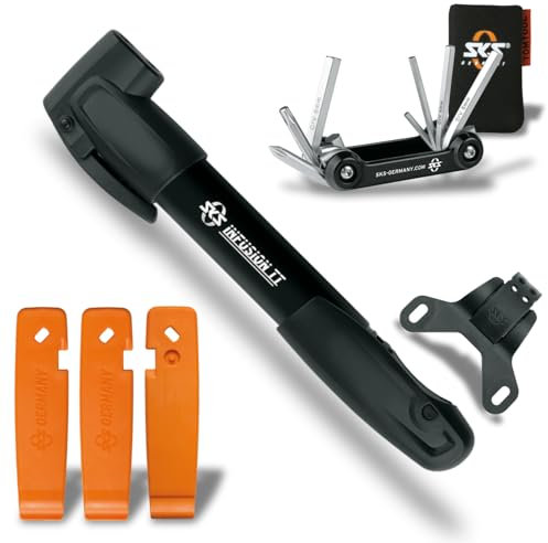 SKS GERMANY SET 3-teiliges Werkzeug Set, Fahrradzubehör bestehend aus Reifenheber-Set, Mini-Luftpumpe und Werkzeug-Multitool, kleine Helfer für die Mountainbike-Tour, BLAU
