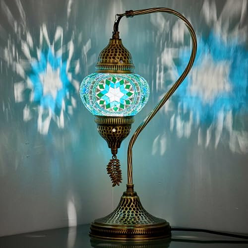DEMMEX Authentic Turkish Moroccan Mosaic Lamp - Handcrafted in Turkey - Table/Bedside Lamp with Mosaic Glass Globe & Hammered Metal Body, Bulb Included, 15, Unique Gift (Turquoise-Teal)