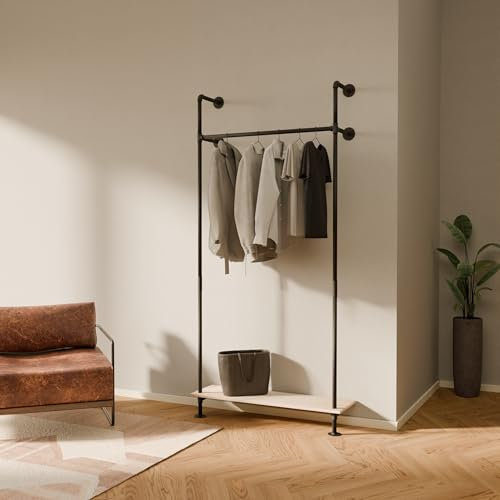 pamo Kleiderstange Wandmontage 140 kg Traglast - offener Kleiderschrank industrial schwarz aus Metall Wasserrohren mit Böden aus massiver Eiche