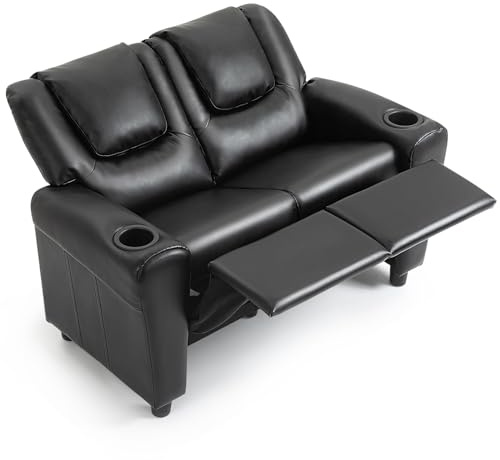 AVAWING Kids Recliner Chair, Double PU Leather Kids Loveseat w/Cup Holder, Lounge Sofa Chair w/Adjustable Footrest & Headrest for Boys Girls 3+ Age Group, Black