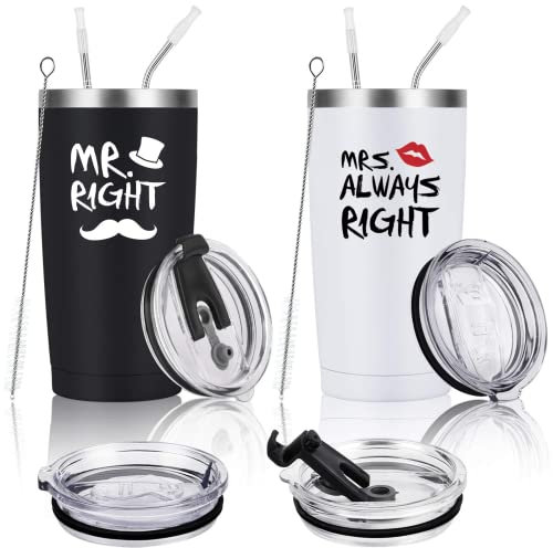 Livole Mr Right und Mrs Always Right Hochzeitsgeschenke für Brautpaar, Paare Geschenke Set zu Weihnachten, Jahrestag, Verlobungsgeschenk, Hochzeitstag, 20oz Edelstahl Weinbecher mit Deckel, Strohhalm
