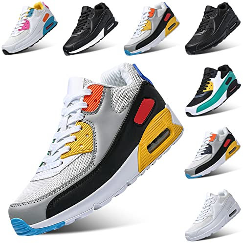 Padgene Men Women Running Shoes Sports Trainers Breathable Lightweight Sneakers Air Cushion Low Top Footwear Waking Fitness Lace up Shoes for Walking Gym Jogging Fitness Athletic Casual Yellow