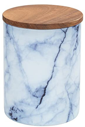 WENKO Aufbewahrungsdose Mio, Vorratsdose aus Borosilikatglas in Marmor-Optik in Blau/Weiß mit luftdicht verschließbarem Deckel aus FSC zertifiziertem braunen Akazienholz, 1 L, 11 x 14,5 cm