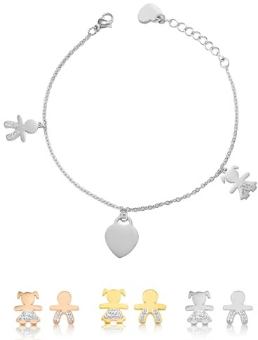 inSCINTILLE Sweet Child Bracciale Donna Acciaio con Ciondoli Bebè, Cuore, Piedini, Bracciale Mamma e Figlio, Confezione Idea Regalo Inclusa, Braccialetto Gravidanza Acciaio Inox (Cuore Argento)
