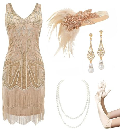 BABEYOND Damen Flapper Kleider 1920er Jahre V-Ausschnitt Perlen Fransen Great Gatsby Kleid, Set - Champagner-Gold, XS