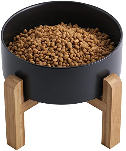 Addogyy Black Elevated/Raised Dog Bowl Ceramic with Wood Stand for Medium Large Breed,Dog Food Water Dish Heavy Wighted, Non Slip Modern Cute Porcelain Pet Bowl Extra Large