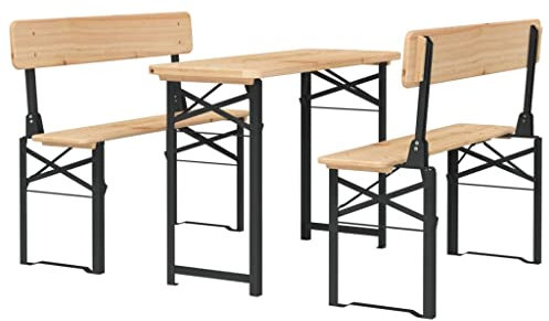 vidaXL Biertisch Set Klappbar 3 TLG., Biergarten Set mit Metallgestell, Gartentisch mit 2 Bänke, Esstisch Terrassentisch Biertischgarnitur, Massivholz Tanne