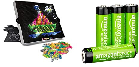 Basic Fun 2215 Lite-Brite Ultimate Classic, Light Up Drawing Board, LED Drawing Board with Colours, Aged 4+ & Amazon Basics AA Rechargeable Batteries, Pre-Charged - Pack of 4 (Appearance May Vary)