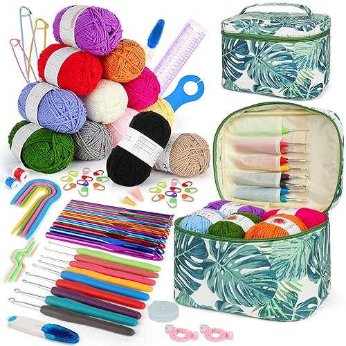 Aeeque Häkelset für Anfänger mit 12 Acryl Wolle, 9 Stk. Ergonomische Häkelnadel Set mit TPR Gummigriff, Aluminium Häkelnadel mit Zubehör, Bunt Metal Häkelnadeln, Häkeln Set für Mützen, Pullover, Schal