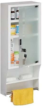 Relaxdays Medicinal Cristal Armario Botiquín con Toallero, Puerta de Vidrio, Cerradura, 4 Compartimentos, 65x27x12 cm, Colgante, Blanco, Tela no Tejida