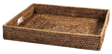 H&H Vassoio Quadrato con Manici Integrati in Rattan Naturale Marrone – 45x7h cm – Elegante e Funzionale, Perfetto per Servire, Decorare e Organizzare