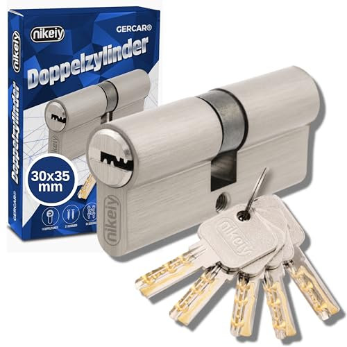 GERCAR Cylindre de serrure profilé Pro 30/35 - Massif - Double cylindre - Serrure de porte - En laiton nickelé - Avec 5 clés - Clé réversible - Longueur : 65 mm, A : 30 B : 35-1x