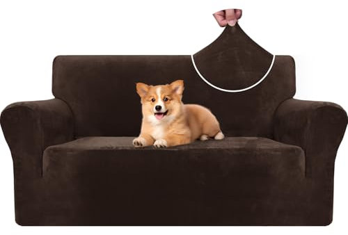 CYCMACO Samt Sofa Überzug 2 Sitzer, Sofabezug Elastische, Couch Überzug Haustier Katze Hunde, Universal Sofa Cover Moderne, Sofahusse Mit Armlehnen, Sofaschoner rutschfest, Kaffee
