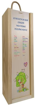 Caja de madera personalizada para regalar a profesoras, docentes, maestras de guardería con lista de alumnos. Capacidad para 3 botellas de vino o aceite.… (1 botella)